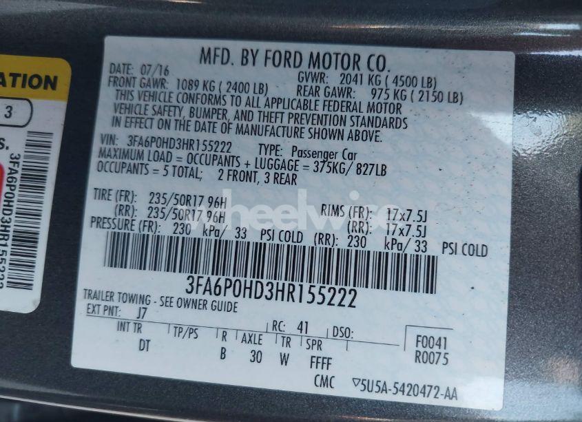 Photo 9 of 2017 Ford Fusion SE (VIN 3FA6P0HD3HR155222)