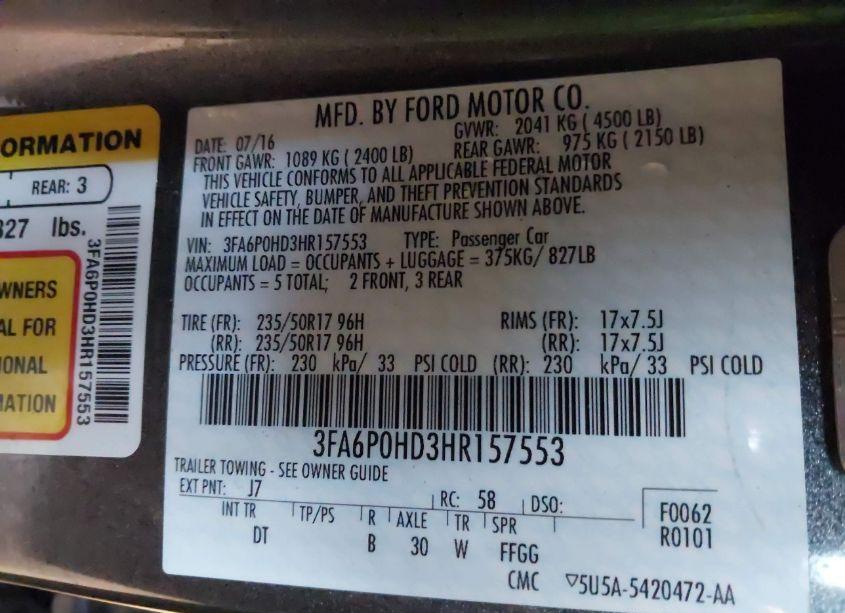 Photo 9 of 2017 Ford Fusion SE (VIN 3FA6P0HD3HR157553)