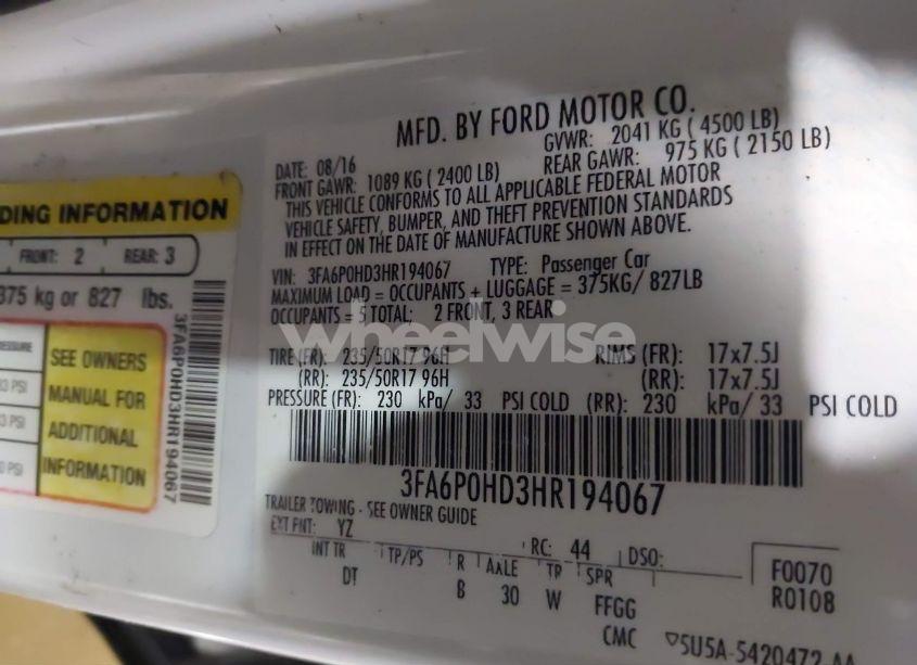 Photo 9 of 2017 Ford Fusion SE (VIN 3FA6P0HD3HR194067)