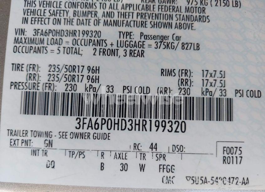 Photo 9 of 2017 Ford Fusion SE (VIN 3FA6P0HD3HR199320)