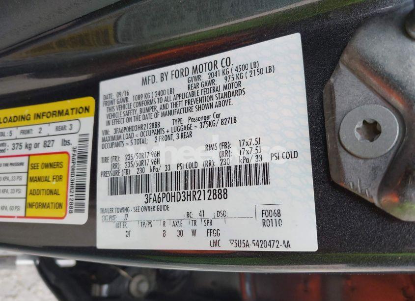 Photo 9 of 2017 Ford Fusion SE (VIN 3FA6P0HD3HR212888)