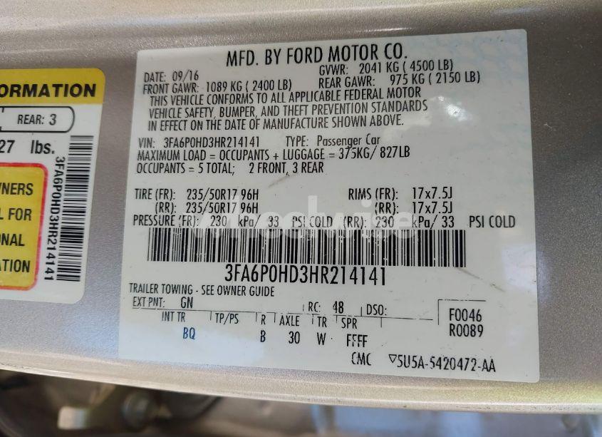 Photo 9 of 2017 Ford Fusion SE (VIN 3FA6P0HD3HR214141)