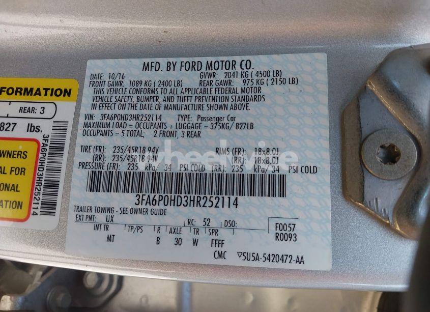 Photo 9 of 2017 Ford Fusion SE (VIN 3FA6P0HD3HR252114)