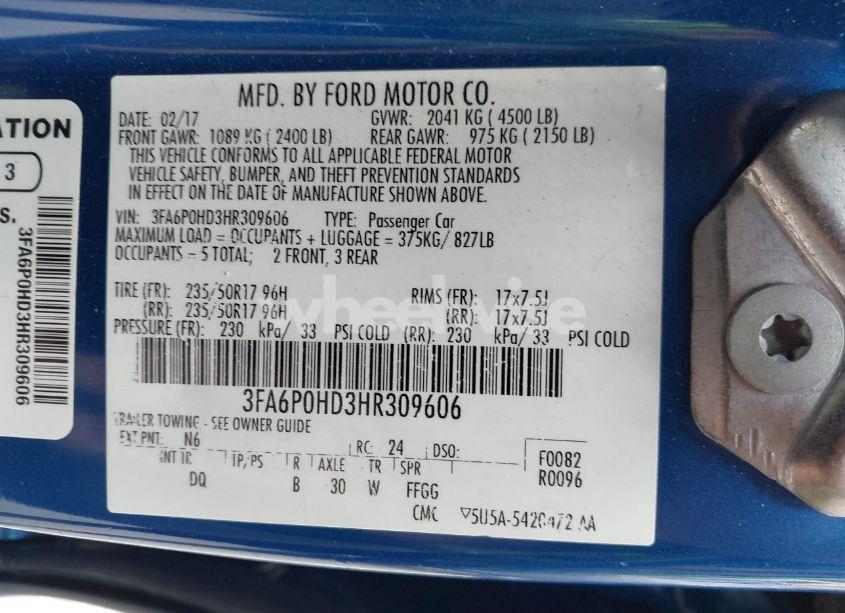 Photo 9 of 2017 Ford Fusion SE (VIN 3FA6P0HD3HR309606)