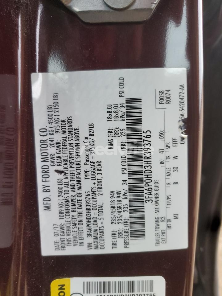 Photo 13 of 2017 FORD FUSION SE (VIN 3FA6P0HD3HR393765)