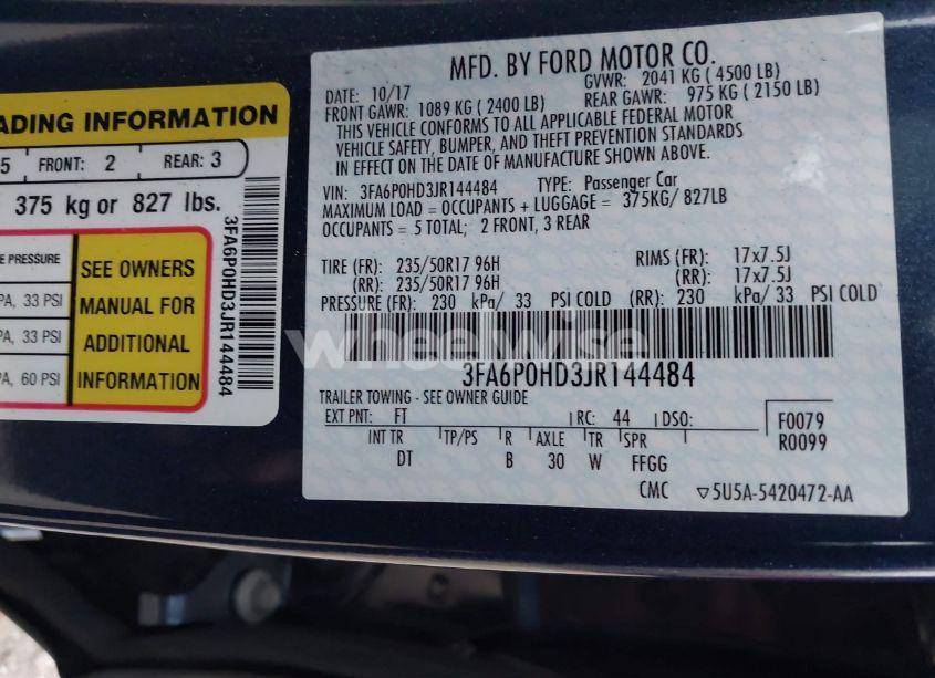 Photo 9 of 2018 Ford Fusion SE (VIN 3FA6P0HD3JR144484)