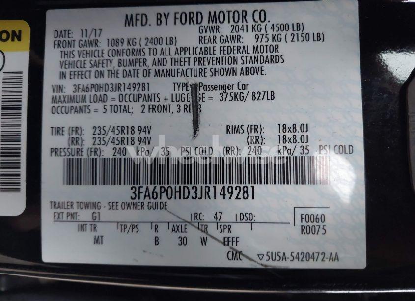 Photo 9 of 2018 Ford Fusion SE (VIN 3FA6P0HD3JR149281)