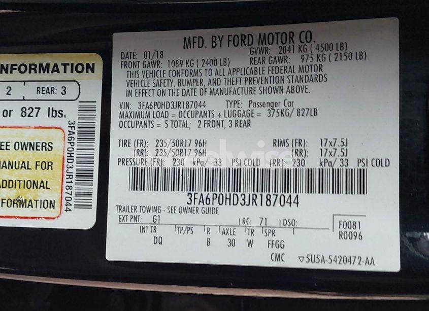 Photo 9 of 2018 Ford Fusion SE (VIN 3FA6P0HD3JR187044)