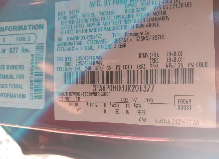 Photo 9 of 2018 Ford Fusion SE (VIN 3FA6P0HD3JR201377)