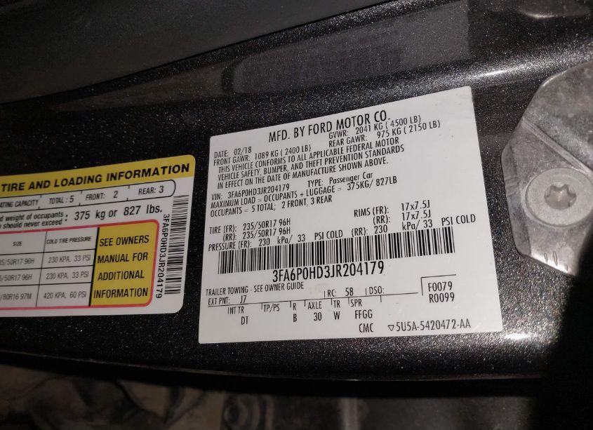 Photo 9 of 2018 Ford Fusion SE (VIN 3FA6P0HD3JR204179)