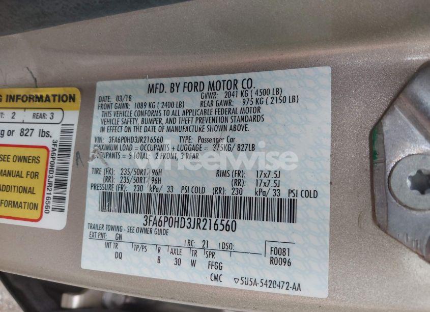 Photo 9 of 2018 Ford Fusion SE (VIN 3FA6P0HD3JR216560)