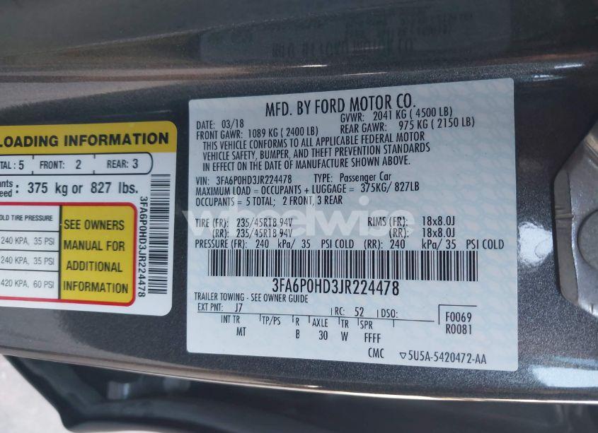 Photo 9 of 2018 Ford Fusion SE (VIN 3FA6P0HD3JR224478)