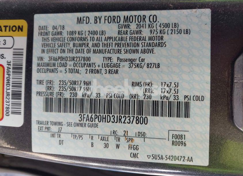 Photo 9 of 2018 Ford Fusion SE (VIN 3FA6P0HD3JR237800)