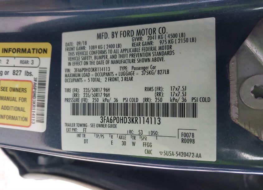 Photo 9 of 2019 Ford Fusion SE (VIN 3FA6P0HD3KR114113)