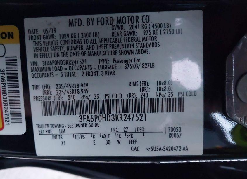 Photo 9 of 2019 Ford Fusion SE (VIN 3FA6P0HD3KR247521)