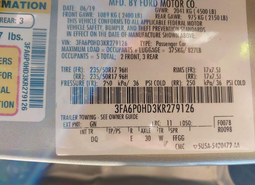 Photo 9 of 2019 Ford Fusion SE (VIN 3FA6P0HD3KR279126)