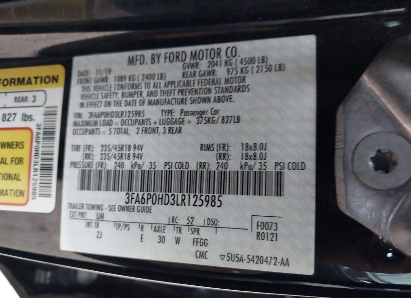 Photo 9 of 2020 Ford Fusion SE (VIN 3FA6P0HD3LR125985)
