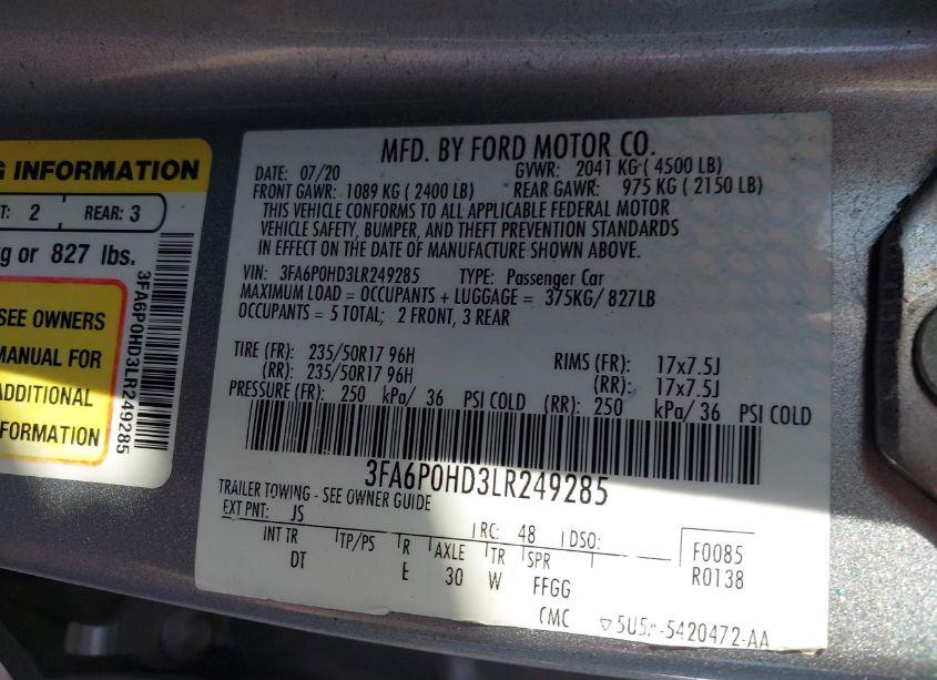 Photo 9 of 2020 Ford Fusion SE (VIN 3FA6P0HD3LR249285)