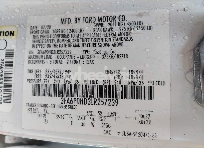 Photo 9 of 2020 Ford Fusion SE (VIN 3FA6P0HD3LR257239)