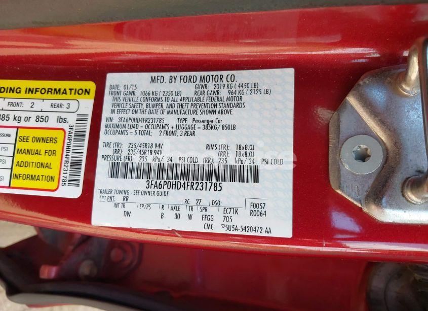 Photo 9 of 2015 Ford Fusion SE (VIN 3FA6P0HD4FR231785)