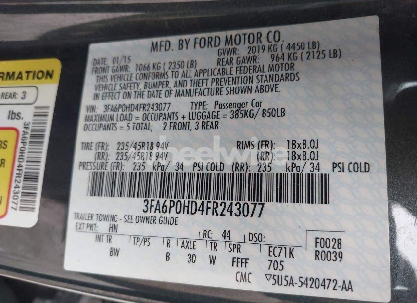 Photo 9 of 2015 Ford Fusion SE (VIN 3FA6P0HD4FR243077)