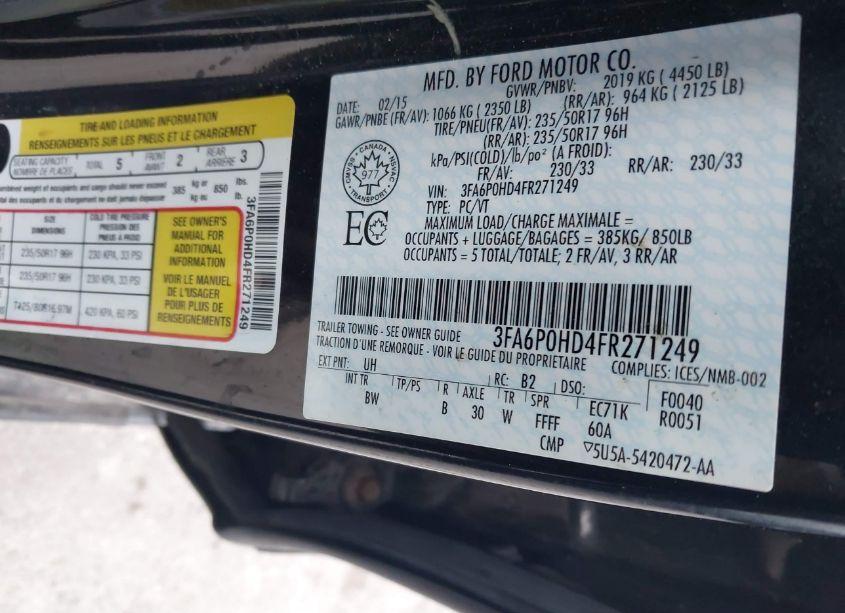 Photo 9 of 2015 Ford Fusion SE (VIN 3FA6P0HD4FR271249)