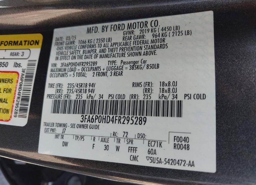 Photo 9 of 2015 Ford Fusion SE (VIN 3FA6P0HD4FR295289)