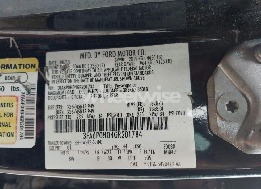 Photo 9 of 2016 Ford Fusion SE (VIN 3FA6P0HD4GR201784)