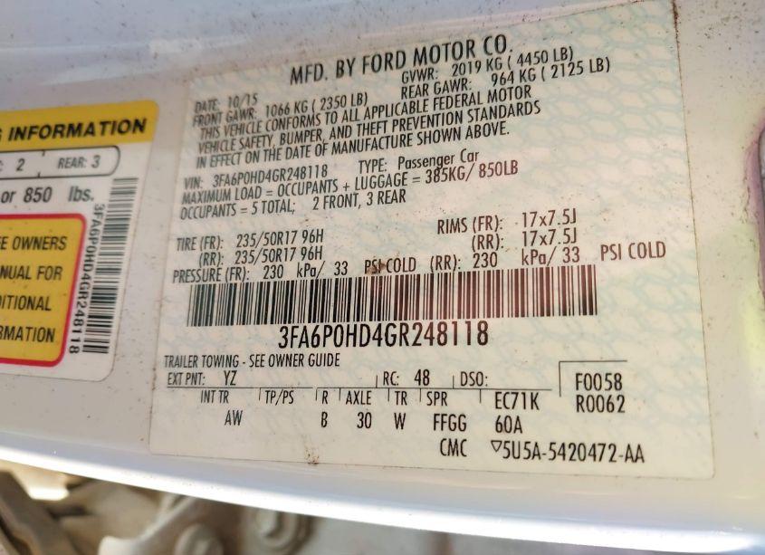 Photo 9 of 2016 Ford Fusion SE (VIN 3FA6P0HD4GR248118)