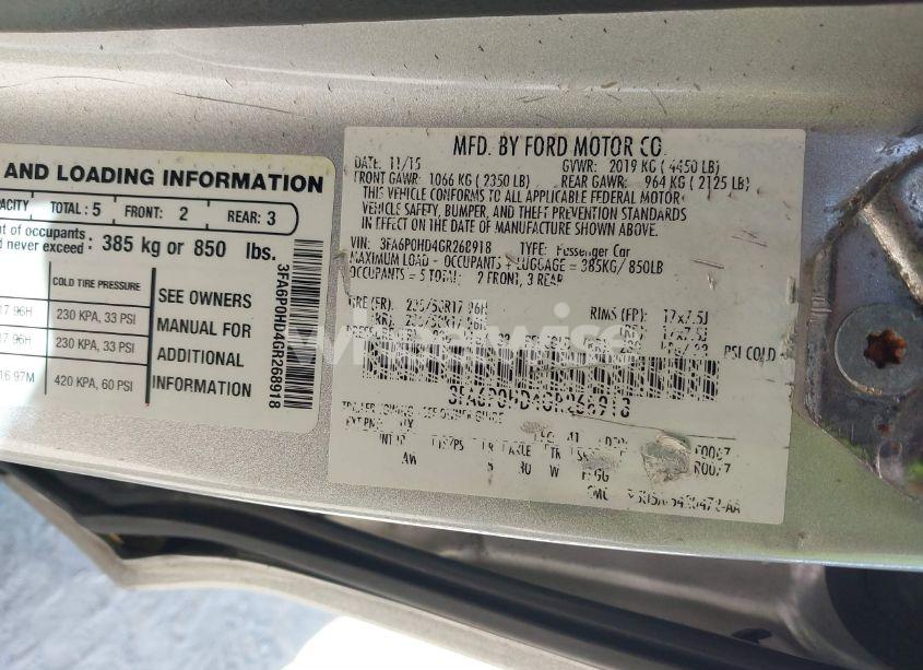 Photo 9 of 2016 Ford Fusion SE (VIN 3FA6P0HD4GR268918)