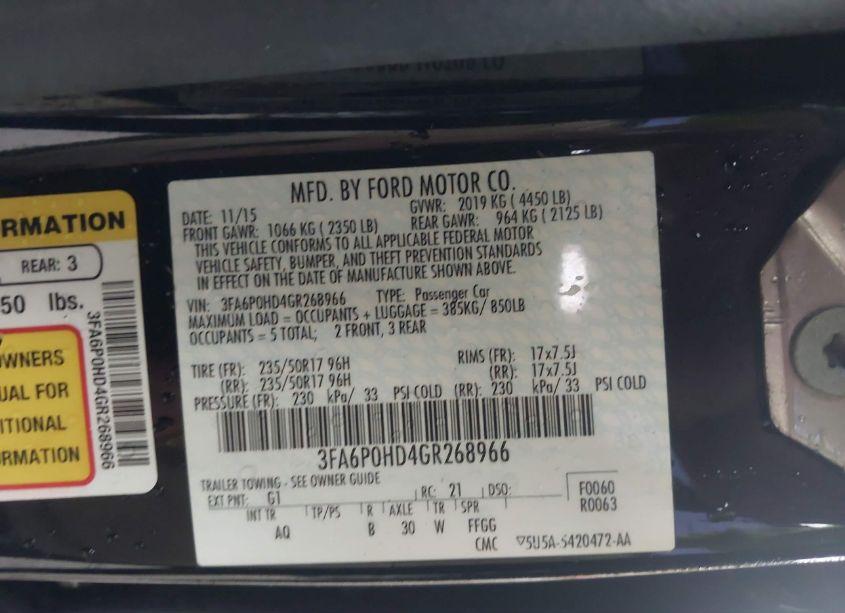 Photo 9 of 2016 Ford Fusion SE (VIN 3FA6P0HD4GR268966)