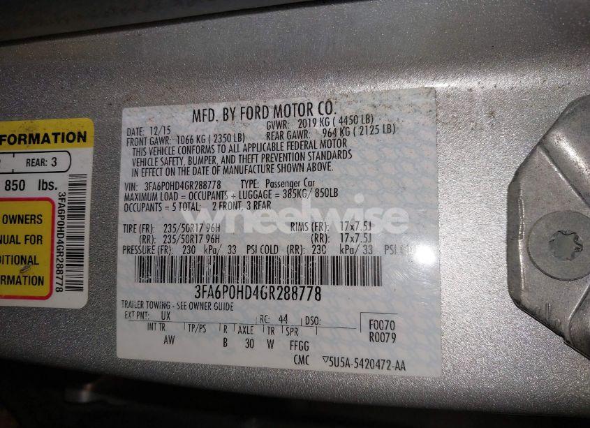 Photo 9 of 2016 Ford Fusion SE (VIN 3FA6P0HD4GR288778)