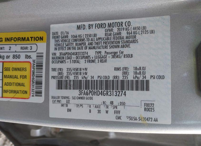 Photo 9 of 2016 Ford Fusion SE (VIN 3FA6P0HD4GR313274)