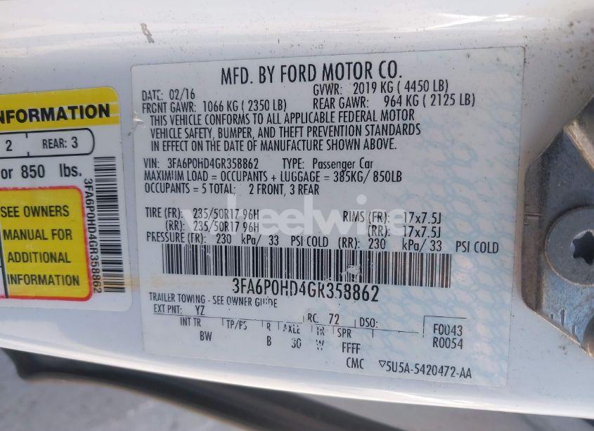 Photo 9 of 2016 Ford Fusion SE (VIN 3FA6P0HD4GR358862)