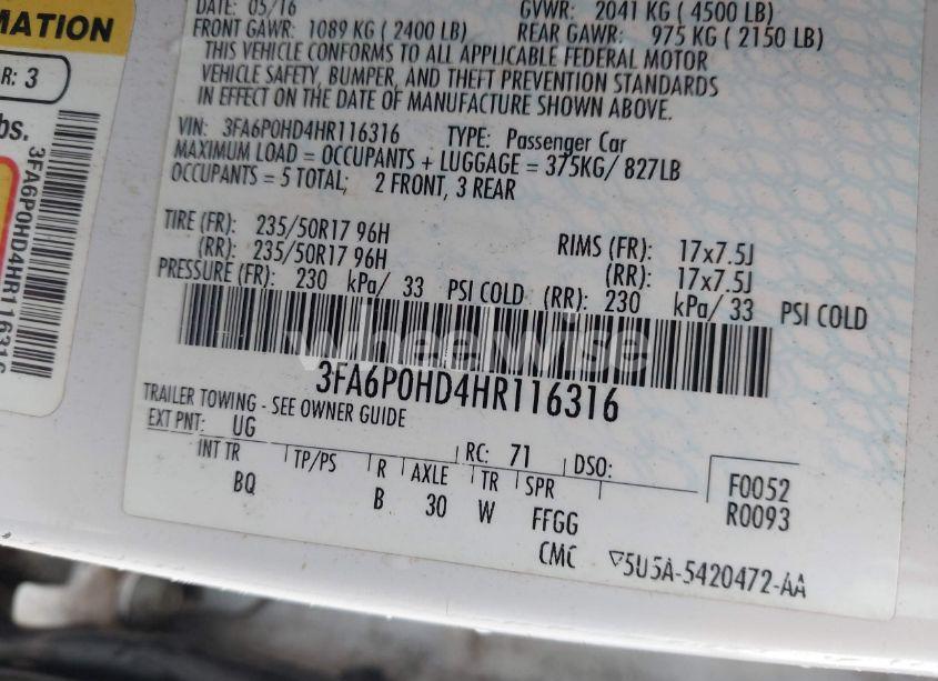 Photo 9 of 2017 Ford Fusion SE (VIN 3FA6P0HD4HR116316)