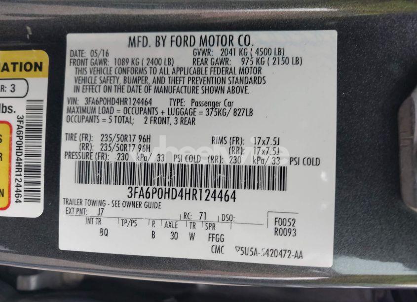 Photo 9 of 2017 Ford Fusion SE (VIN 3FA6P0HD4HR124464)