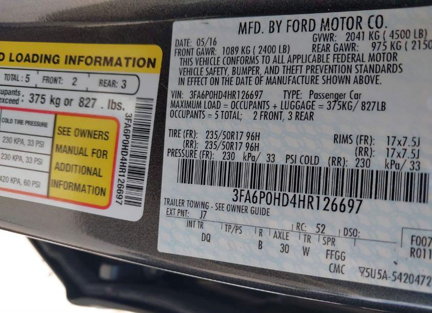 Photo 9 of 2017 Ford Fusion SE (VIN 3FA6P0HD4HR126697)