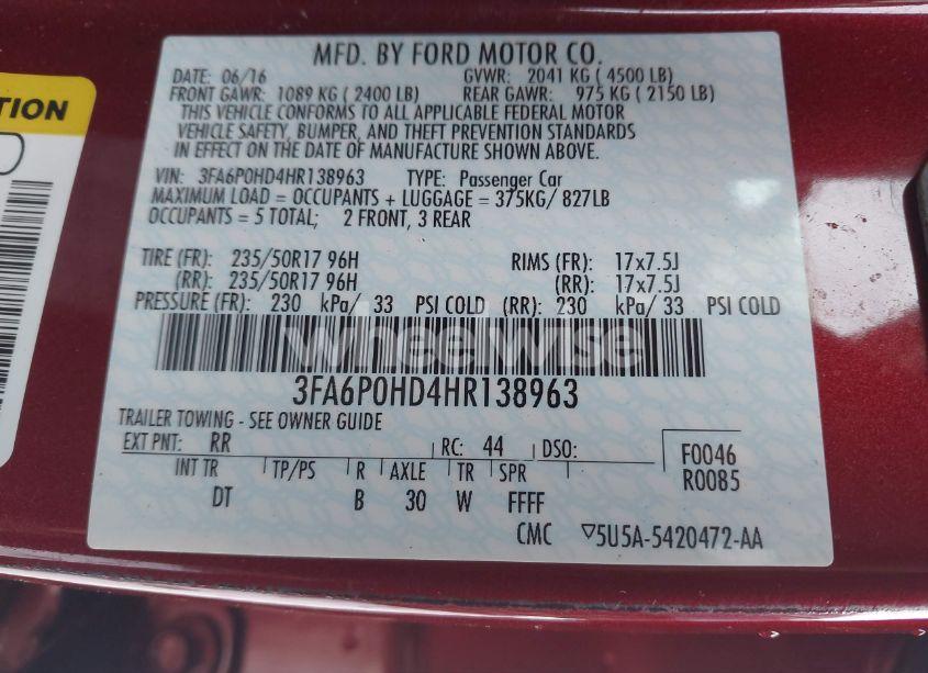 Photo 9 of 2017 Ford Fusion SE (VIN 3FA6P0HD4HR138963)