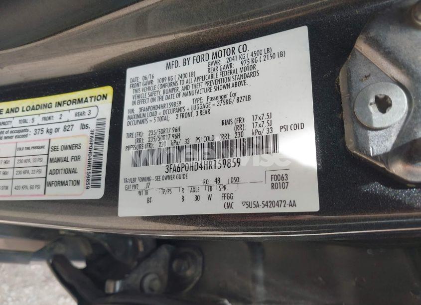 Photo 9 of 2017 Ford Fusion SE (VIN 3FA6P0HD4HR159859)