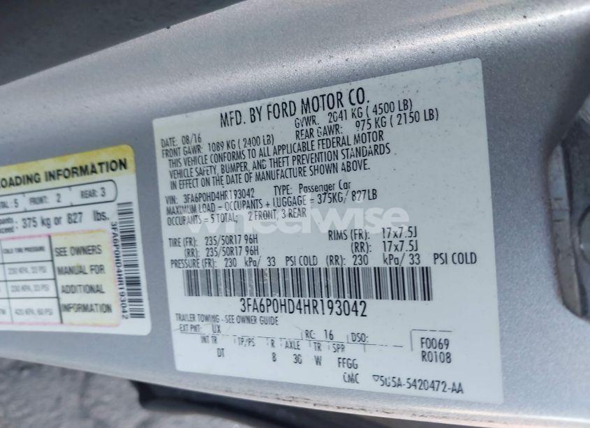 Photo 9 of 2017 Ford Fusion SE (VIN 3FA6P0HD4HR193042)