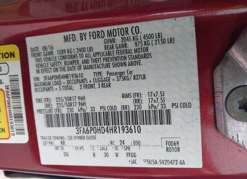 Photo 9 of 2017 Ford Fusion SE (VIN 3FA6P0HD4HR193610)