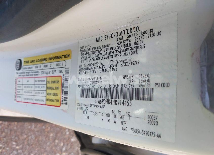 Photo 9 of 2017 Ford Fusion SE (VIN 3FA6P0HD4HR214455)