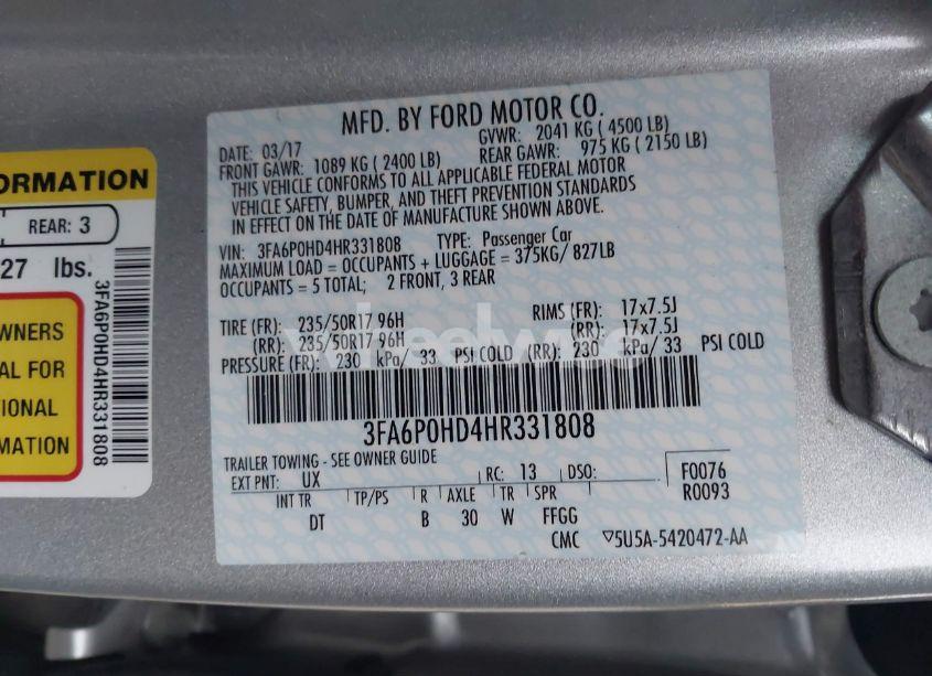 Photo 9 of 2017 Ford Fusion SE (VIN 3FA6P0HD4HR331808)