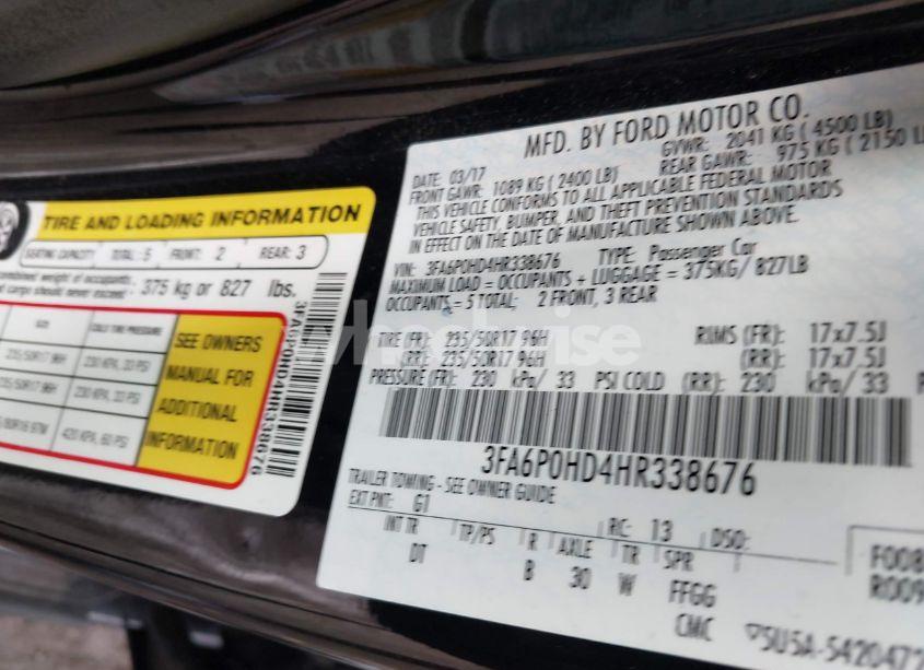 Photo 9 of 2017 Ford Fusion SE (VIN 3FA6P0HD4HR338676)