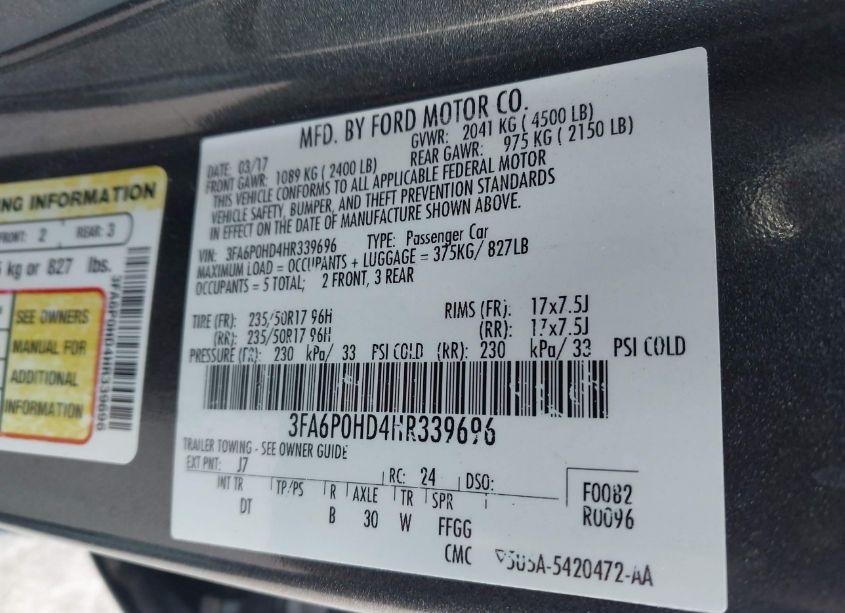 Photo 9 of 2017 Ford Fusion SE (VIN 3FA6P0HD4HR339696)