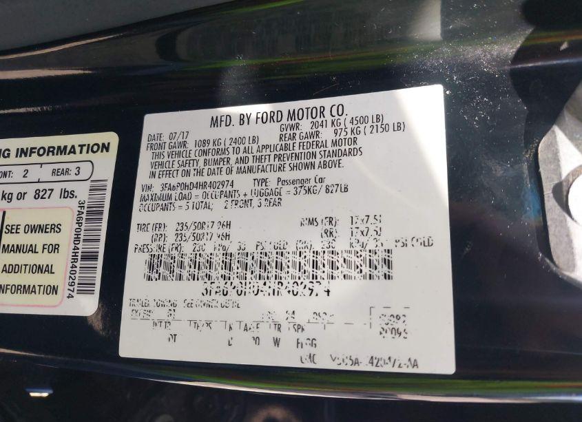 Photo 9 of 2017 Ford Fusion SE (VIN 3FA6P0HD4HR402974)