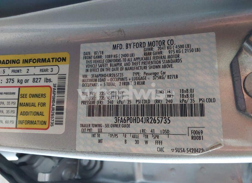 Photo 9 of 2018 Ford Fusion SE (VIN 3FA6P0HD4JR265735)