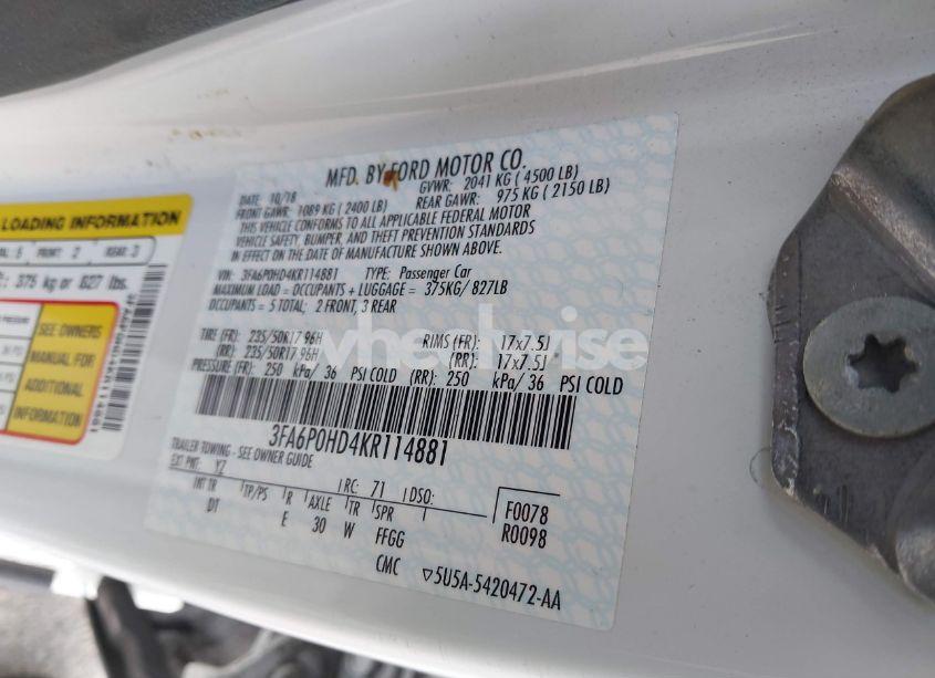 Photo 9 of 2019 Ford Fusion SE (VIN 3FA6P0HD4KR114881)