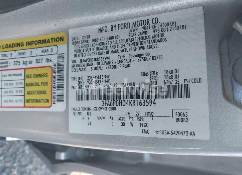 Photo 9 of 2019 Ford Fusion SE (VIN 3FA6P0HD4KR163594)