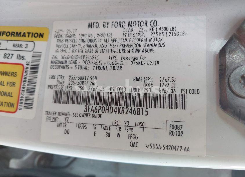 Photo 9 of 2019 Ford Fusion SE (VIN 3FA6P0HD4KR246815)